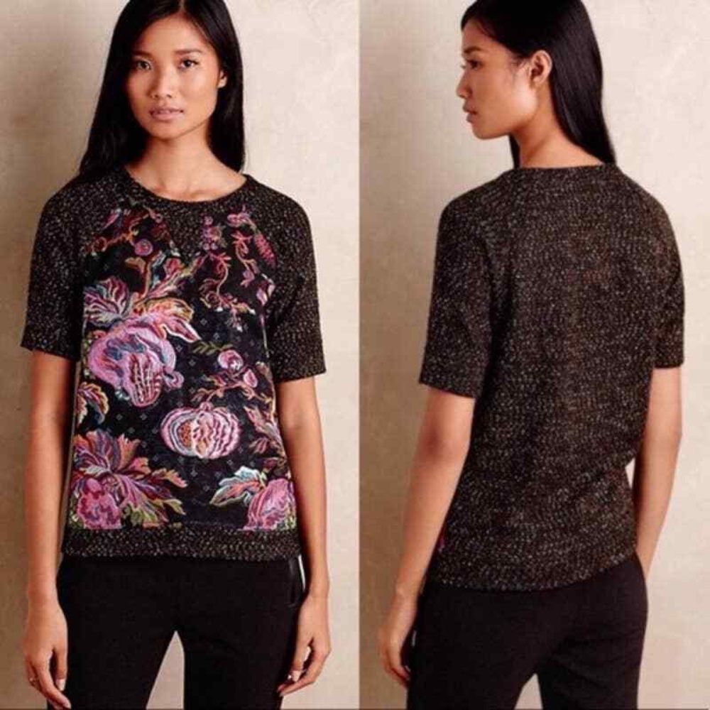 Anthropologie James Coviello Floral Brocade Metallic Knit Sweater Blouse Small